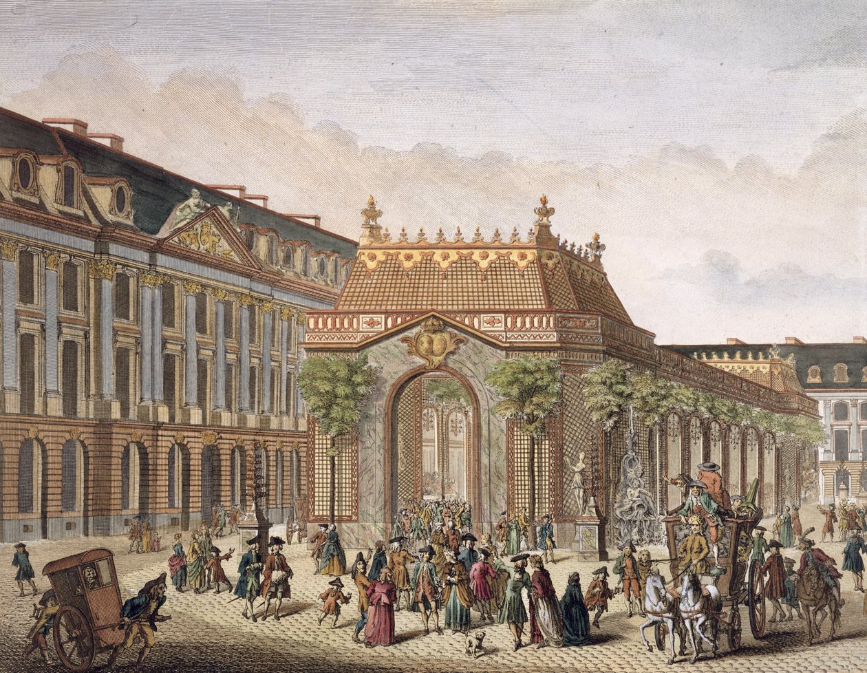 Pohled na Place de Louis le Grand, s jednou z místností postavenou u příležitosti svatby Monseigneura le Dauphina (detail 101866) (barevná rytina) od French School