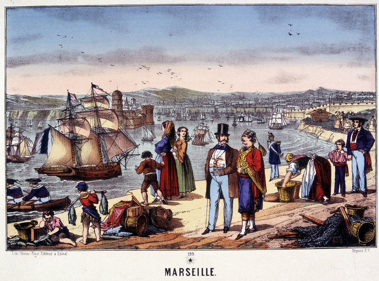 Pohled na přístav Marseille, obrázek Epinal, n.d. 19. století od French School