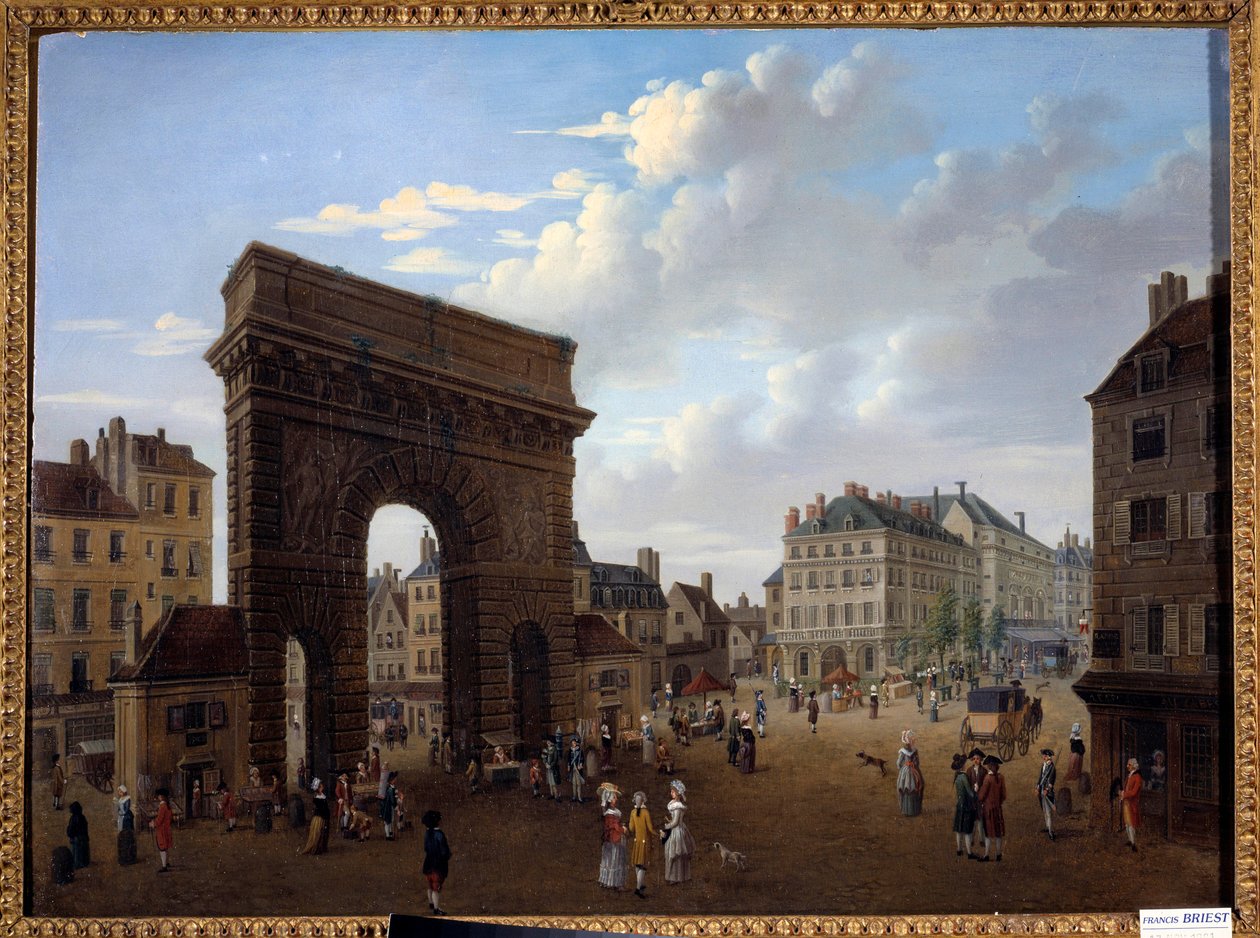 Pohled na Porte Saint Martin v Paříži Malba francouzské školy 18. století. Soukromá sbírka od French School