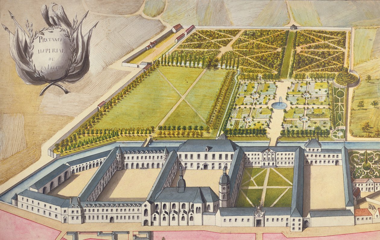 Pohled na Prytanee Imperial, dříve jezuitská kolej v La Fleche, kolem roku 1810 (wc) od French School