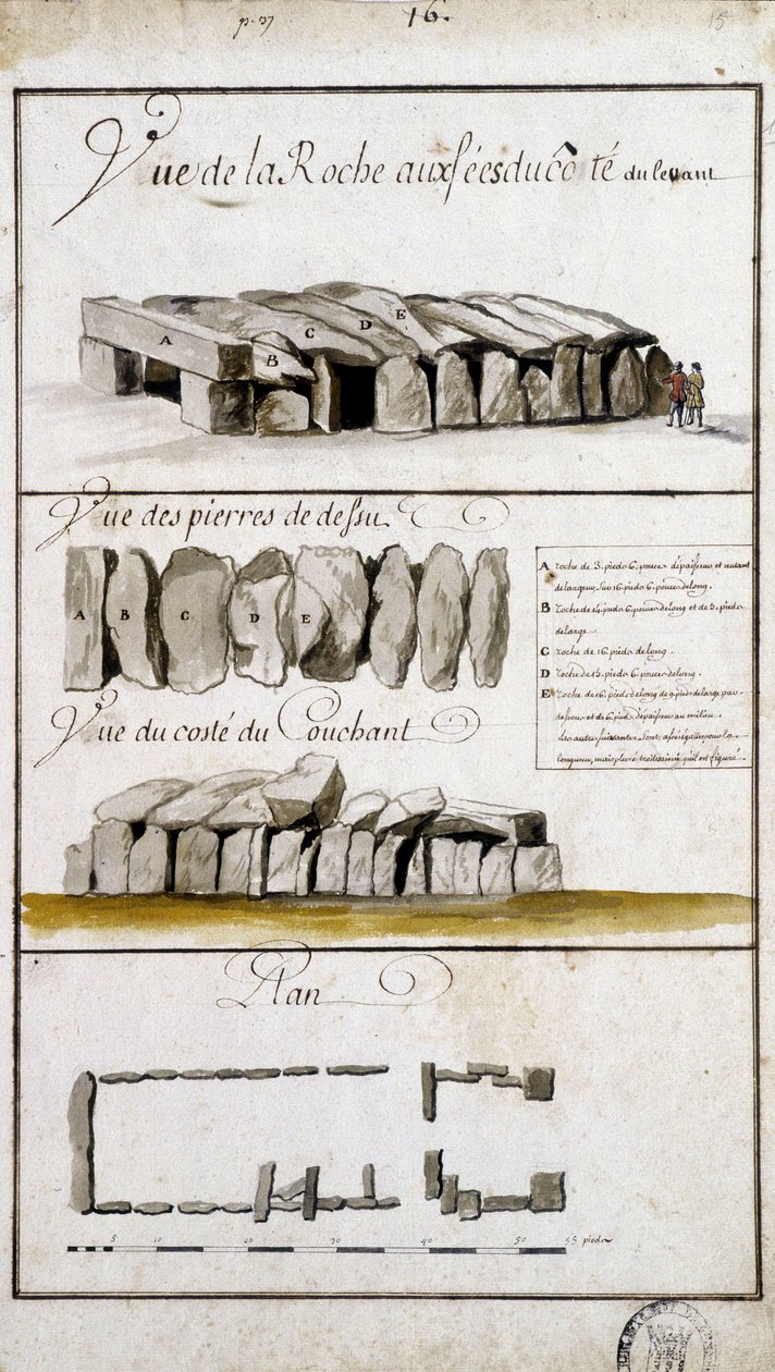 Pohled na Roche aux Fées na východní straně, pohled na kameny Defsu - v „“Historický, topografický a přírodní popis Bretaně““ od Robiena od French School