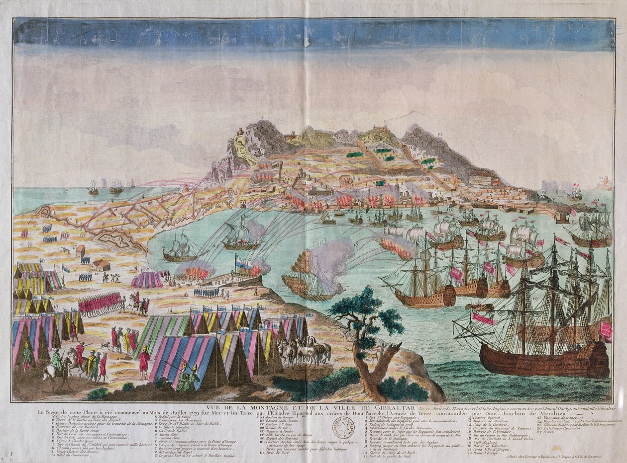 Pohled na skálu a město Gibraltaru během obléhání v roce 1779 od French School