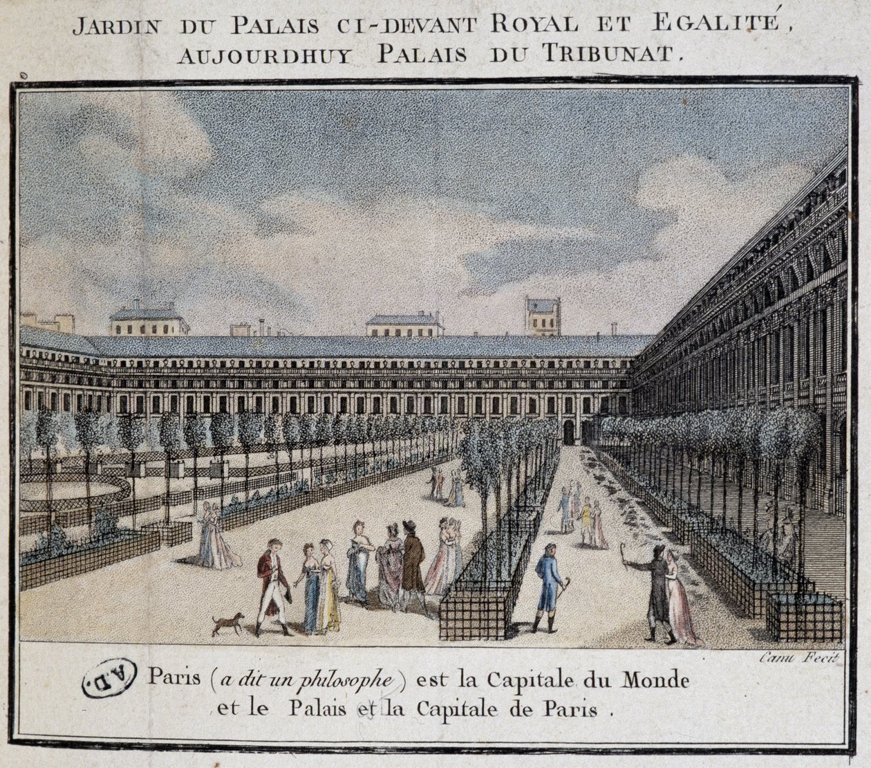Pohled na královský palác (Palais du Tribunat) se zahradou a chodci od French School