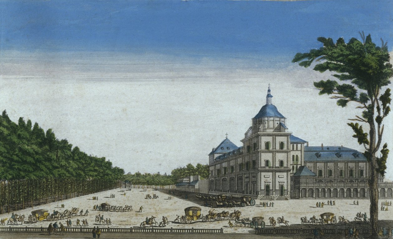 Pohled na královský palác v Aranjuez, Španělsko (barevná rytina) od French School