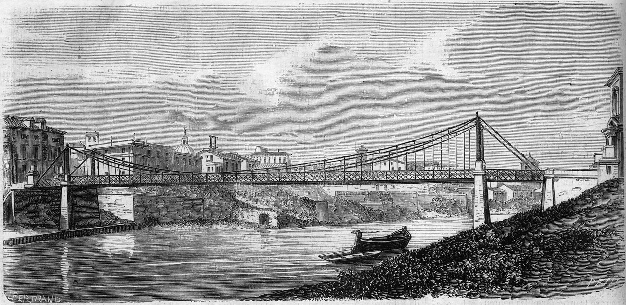 Pohled na most Saint John na řece Tibeře (Tevere) v Itálii, slavnostně otevřen v roce 1863. Tento ocelový most navrhl Alphonse Oudry (1819-1869). Rytina v „“ Le Monde Illustré““ č. 349 z 19. prosince 1863. od French School