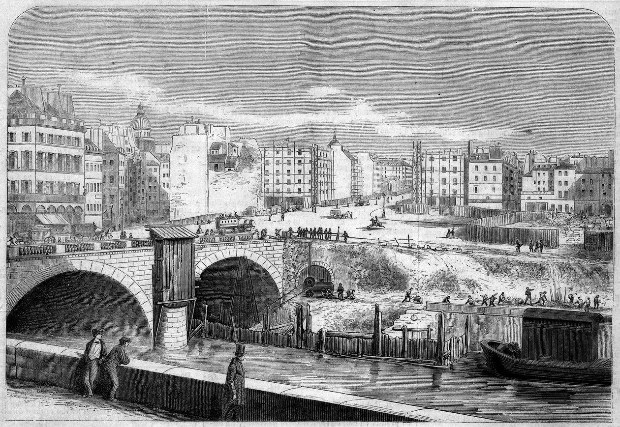 Pohled na Saint Michel Bridge (Saint-Michel), postavený v roce 1857, a Place Saint Michel (Saint-Michel) v Paříži od French School