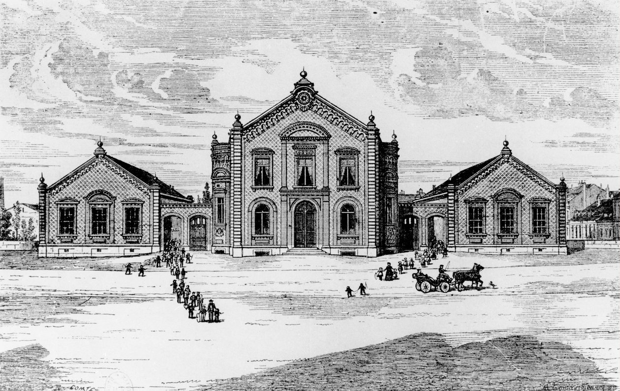 Pohled na školy a divadlo, Familistery of Guise, z Solutions Sociales od Jean-Baptiste Andre Godina (1817-88), Paříž, 1871 od French School