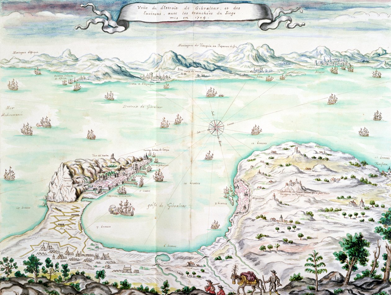 Pohled na obléhání Gibraltaru v roce 1704 (wc na papíře) od French School