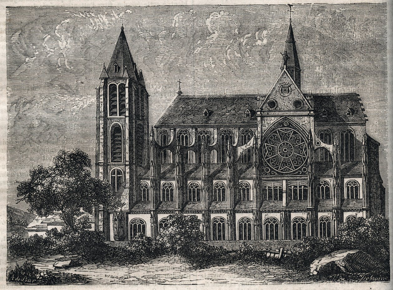 Pohled na opatství Saint-Victor (Saint Victor), bývalé opatství pravidelných kanovníků (Augustiniánů) zničené v roce 1811 – rytina do „“fyzických, občanských a morálních dějin Paříže: od nejstarších historických dob po současnost“ od Jacquese Antoina Dulau od French School