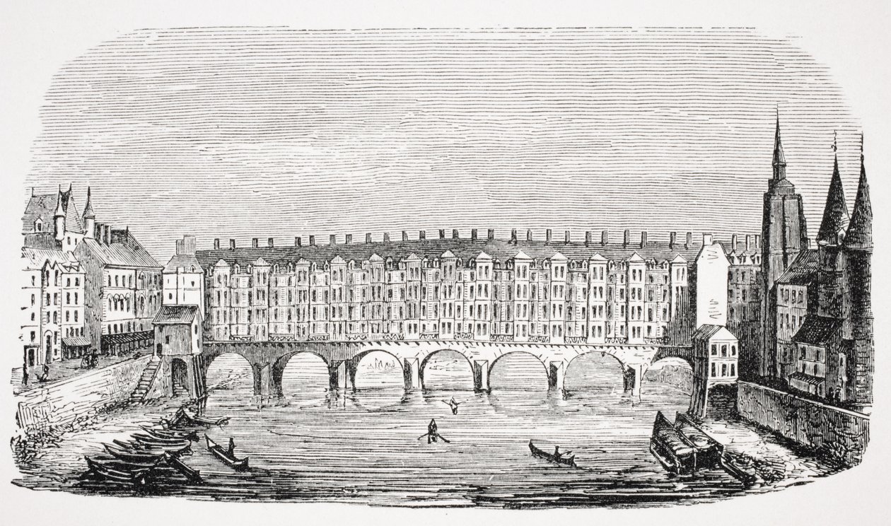 Pohled na starověký Pont-au-Change, z rytiny ‚Topografie Paříže‘, z ‚Le Moyen Age et La Renaissance‘ od Paula Lacroixe (1806-84) vydaného 1847 od French School