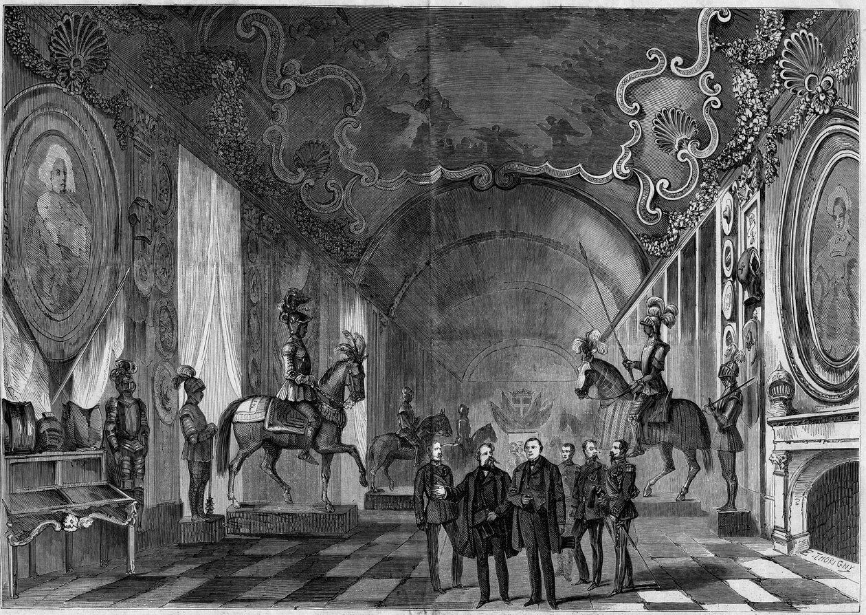 Pohled na zbrojnici Turínského paláce (Itálie) během návštěvy krále Viktora Emanuela II. (Vittorio Emanuele) (Victor-Emmanuel) (1820-1878) a prince Napoleona (1822-1891) od French School