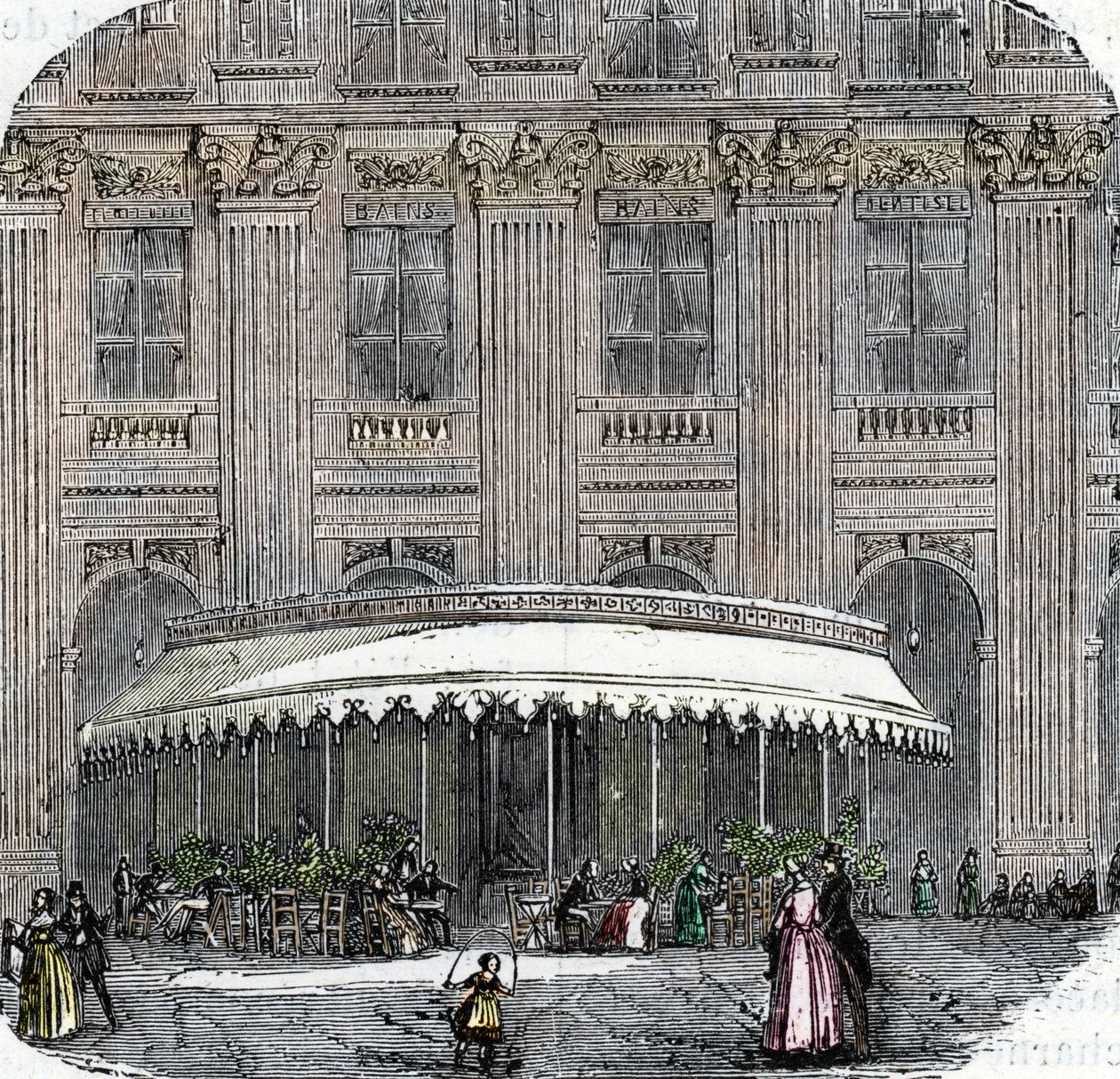 Pohled na kavárnu de la Rotonde v Palais-Royal v Paříži kolem roku 1860 (barevná rytina) od French School