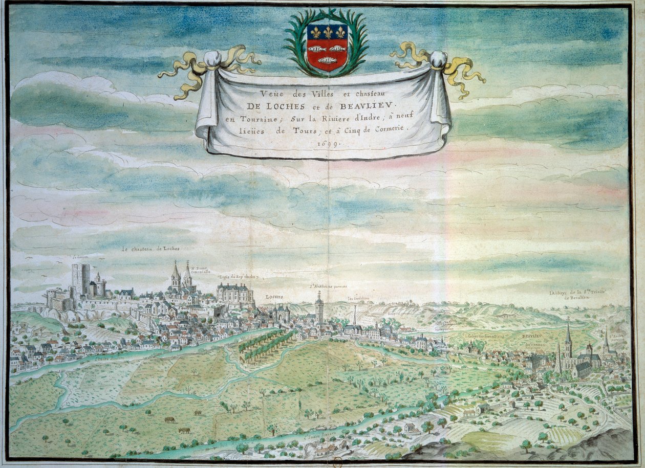 Pohled na hrad Loches Pohled na Beaulieu les Loches v Indre a Loire. Akvarel francouzské školy. 1699 Paříž, B.N. od French School