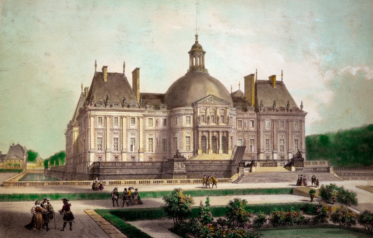 Pohled na hrad Vaux le Vicomte (Vaux-le-Vicomte) v Maincy (Seine-et-Marne), postavený kolem roku 1658. Tisky soukromé sbírky 19. století od French School