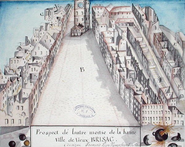 Pohled na centrum Brisachu po francouzském bombardování v roce 1793 od French School