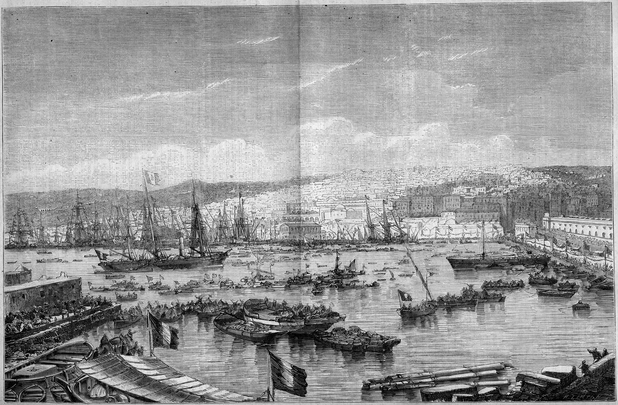 Pohled na město a přístav Alžír (Alžírsko), během příjezdu Napoleona III a Impress Eugenie de Montijo, 17. září od French School