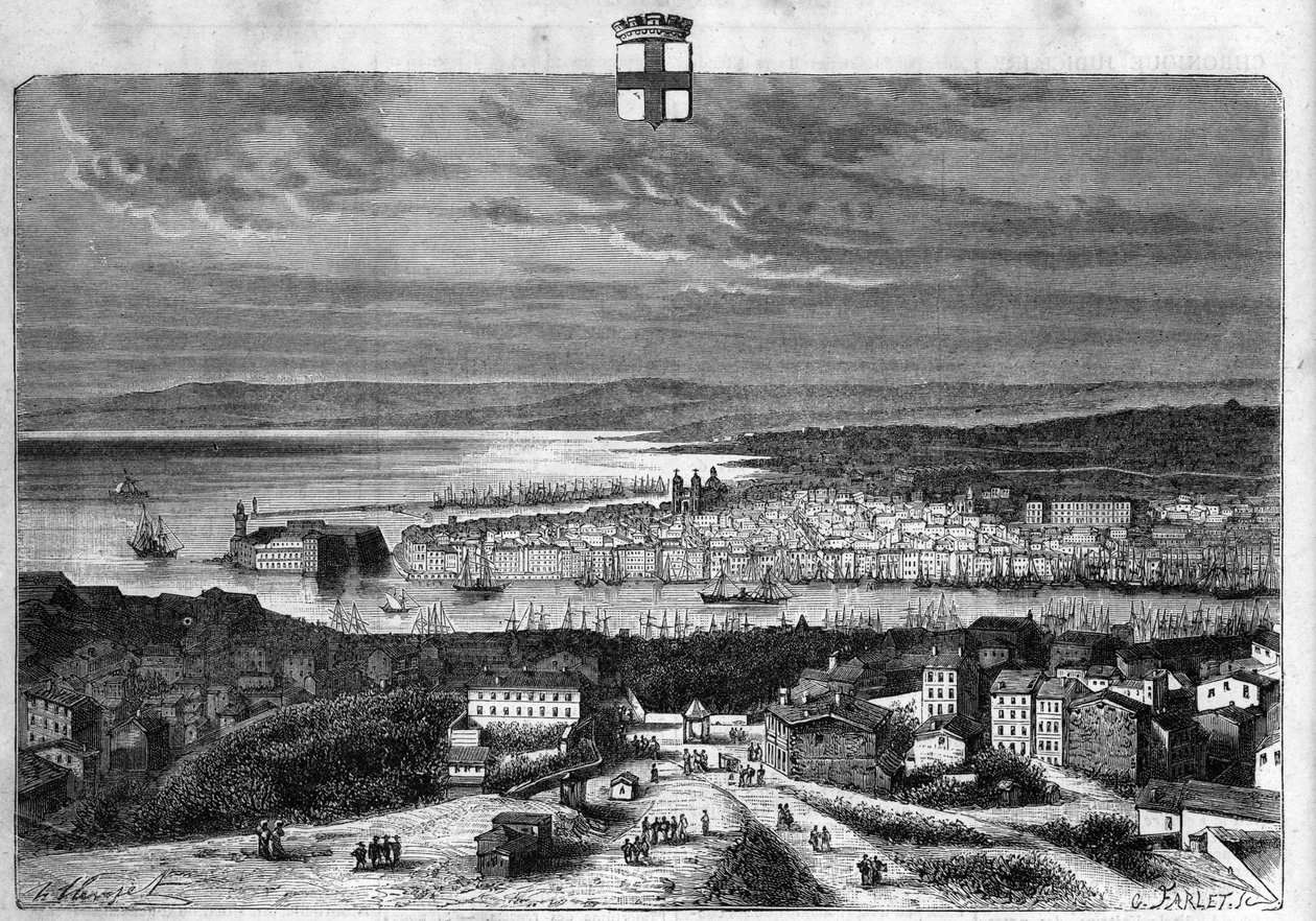 Pohled na město a přístav Marseille. Rytina z roku 1880 v soukromé sbírce „La republique illustree“. od French School