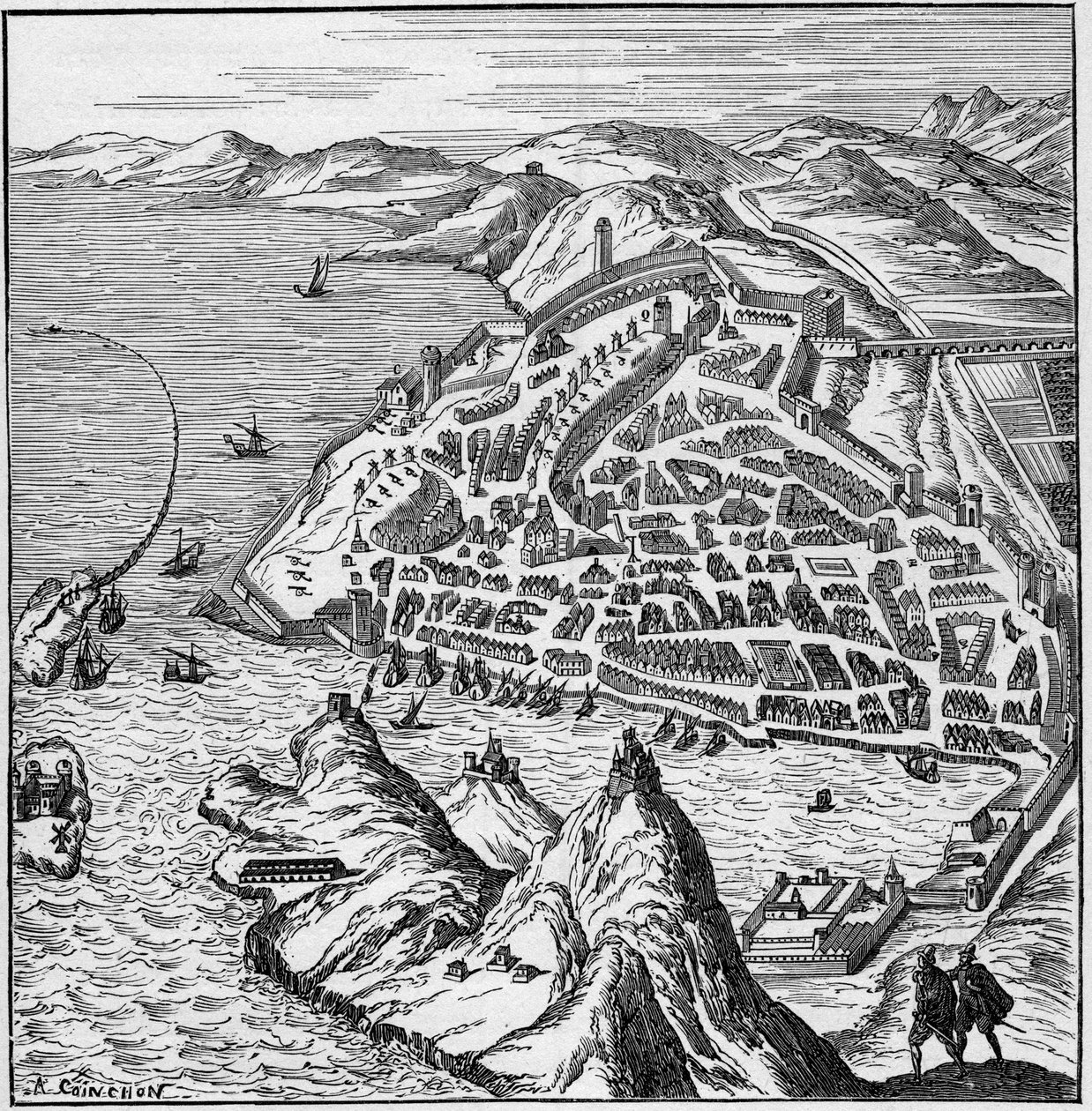 Pohled na město a přístav Marseille v 16. století. Rytina v „La Marine et les colonies: commerce“ od French School