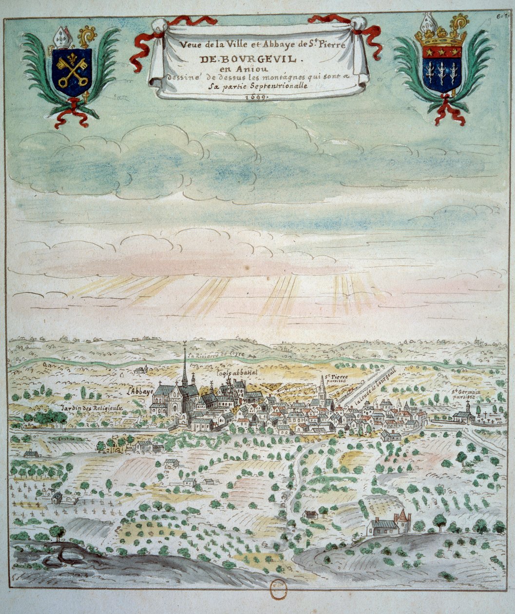 Pohled na město a opatství Saint Pierre de Bourgueil Akvarel z francouzské školy. 1699 Paříž, B.N. od French School