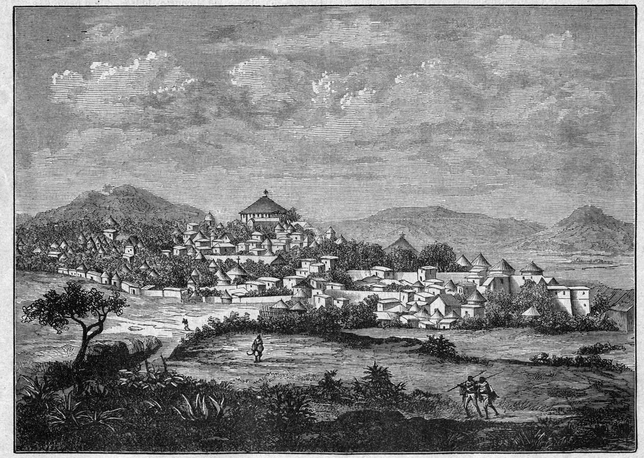 Pohled na město Adoua, hlavní město tygří oblasti Etiopie. Rytina z roku 1896 v „“L