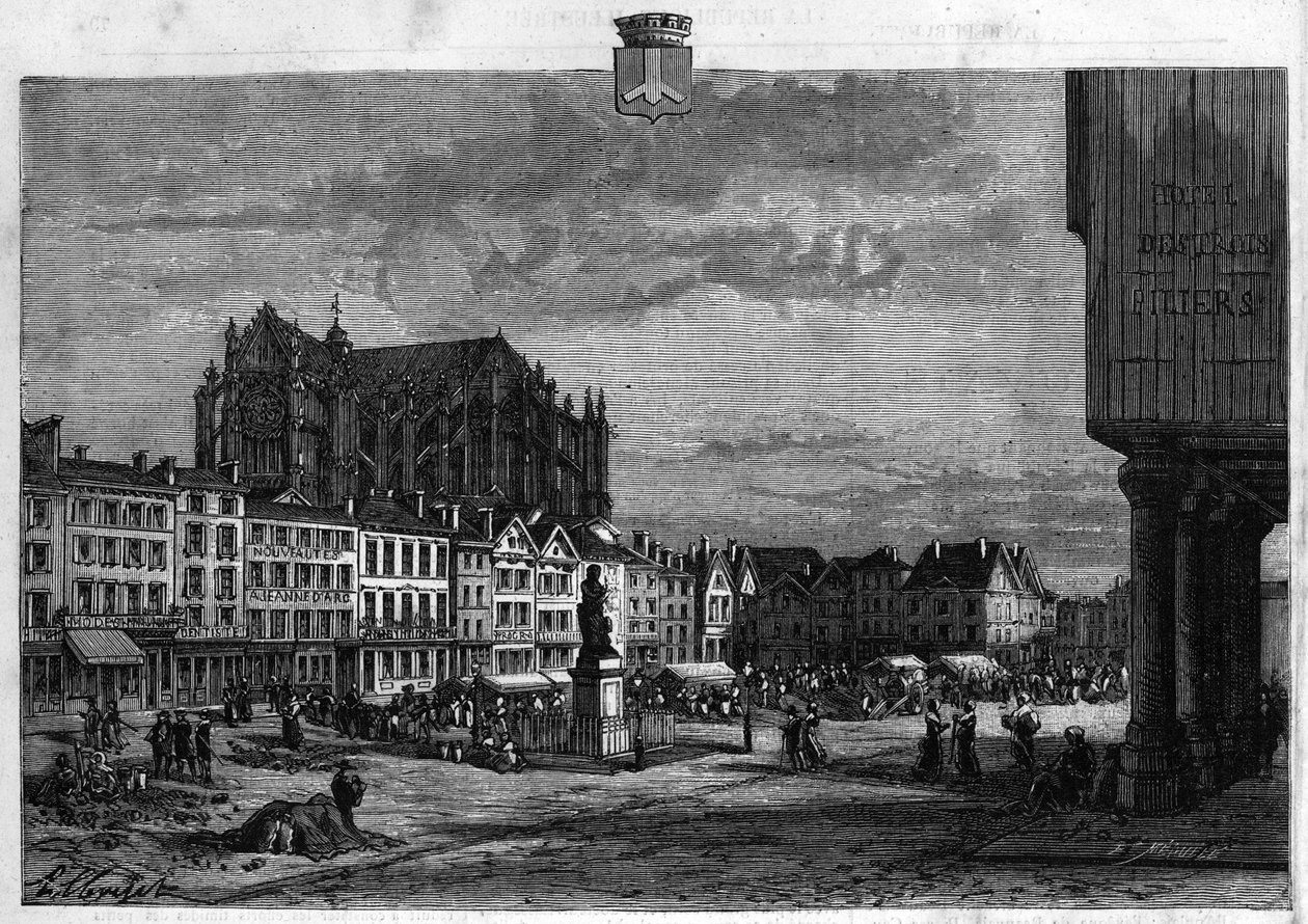 Pohled na město Beauvais v Oise. Rytina z roku 1880 v soukromé sbírce „La republique illustree“. od French School