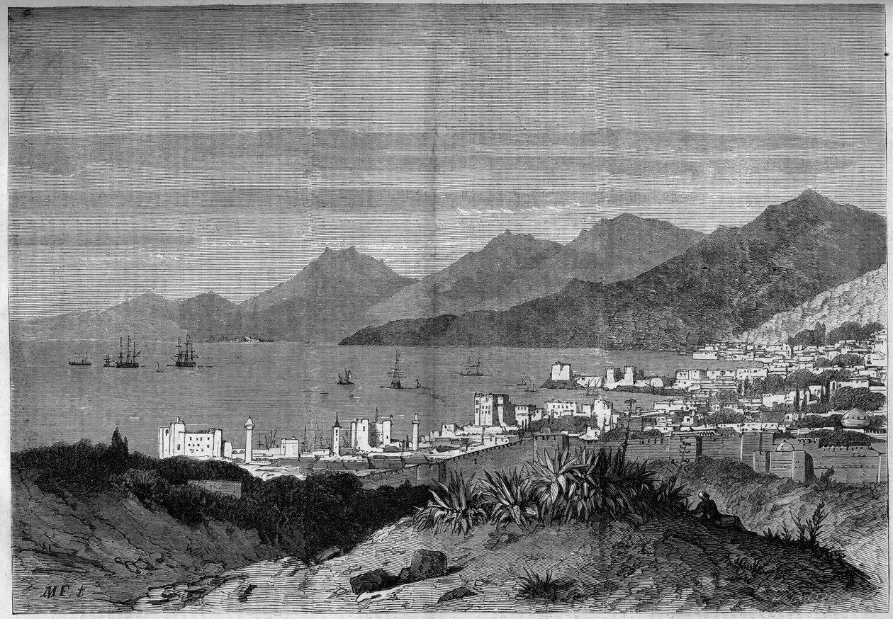 Pohled na město Bejrút v roce 1860. Rytina v „The Illustrous World““ č. 172 z 28. července 1860. od French School