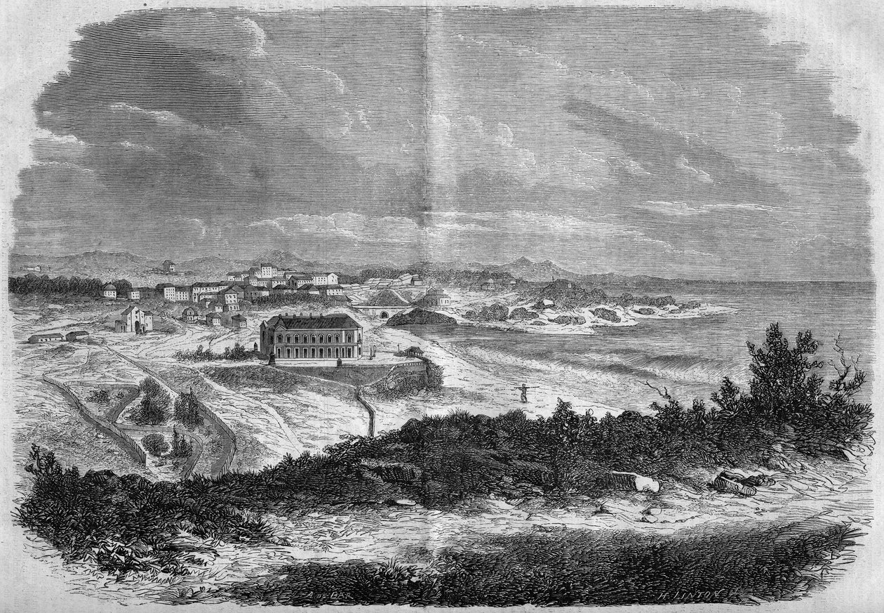Pohled na město Biarritz, Pyreneje Atlantik (64) v roce 1858. Rytina v „“ Le Monde Illustré““ č. 75 z 18. září 1858. od French School