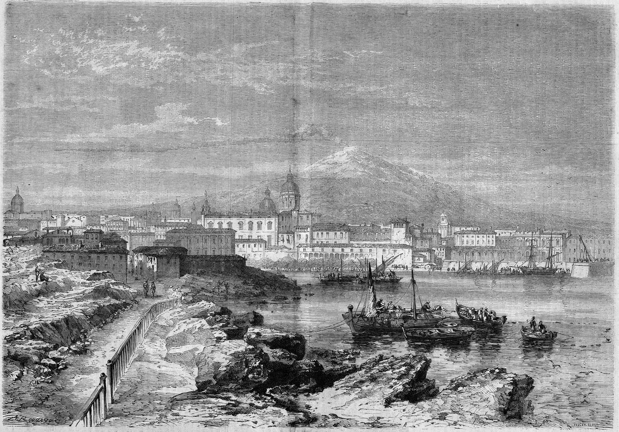 Pohled na město Catania (Catania) na úpatí sopky Etna. Sicílie, Itálie od French School