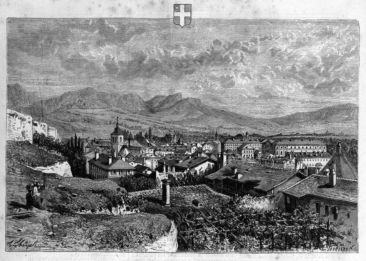 Pohled na město Chambery v Savojsku. Rytina z roku 1880 v soukromé sbírce „La republique illustree“. od French School