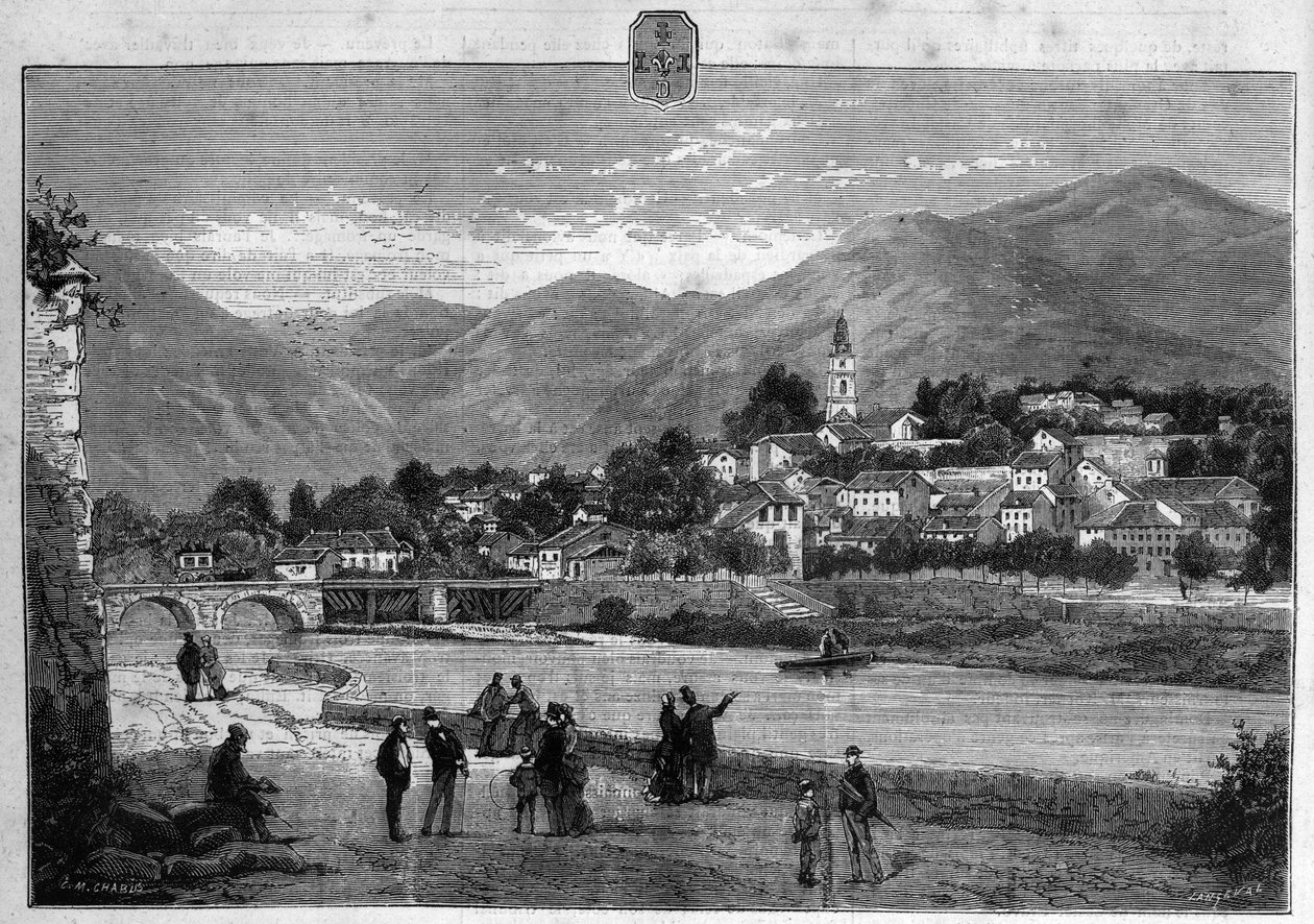 Pohled na město Digne v Dolních Alpách (Dolní Alpy). Rytina z roku 1880 v soukromé sbírce „La republique illustree“. od French School