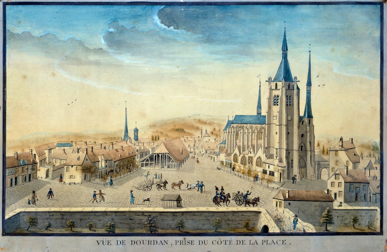 Pohled na město Dourdan od vězně Akvarel z francouzské školy 19. století Musee de l