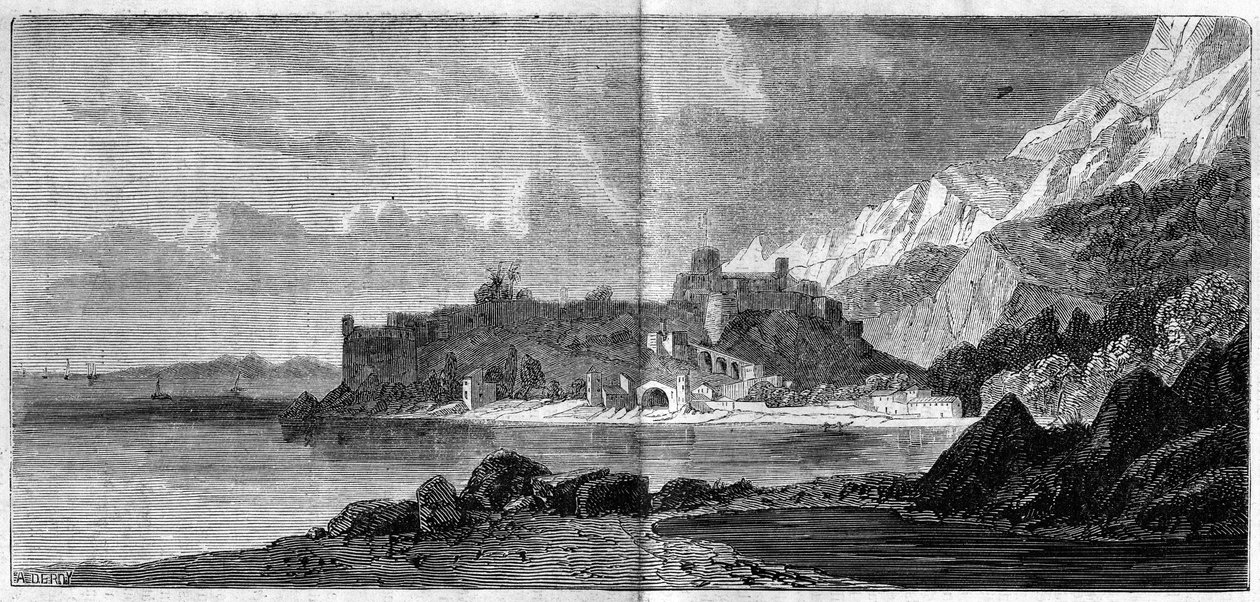 Pohled na město Monako v roce 1860. Rytina v „“The Illustrous World““ č. 157 ze 14. dubna 1860. od French School