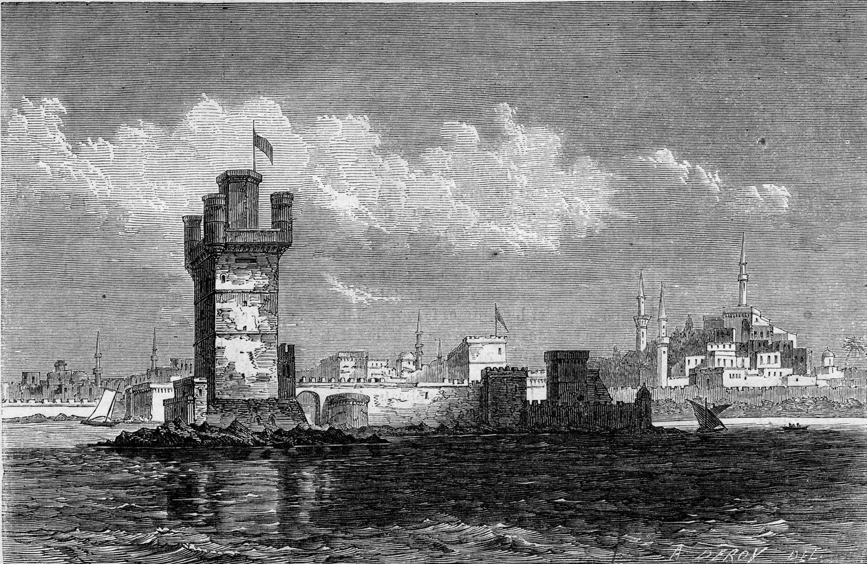Pohled na město Rhodos (Řecko) se čtvercovou věží Saint Michel (Saint Michel), zničenou při zemětřesení v roce 1863. Rytina v „“ Le Monde Illustré““ č. 320 z 30. května 1863. od French School