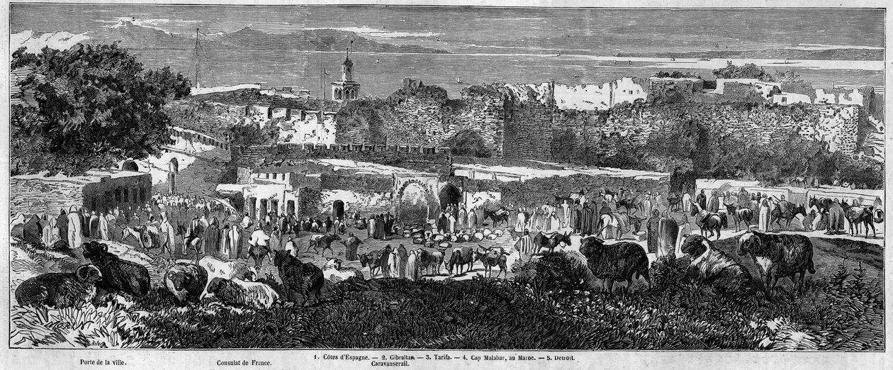 Pohled na město Tanger (Maroko), v den arabského pochodu. Rytina v „“ Le Monde Illustré““ č. 129 z 1. října 1859. od French School