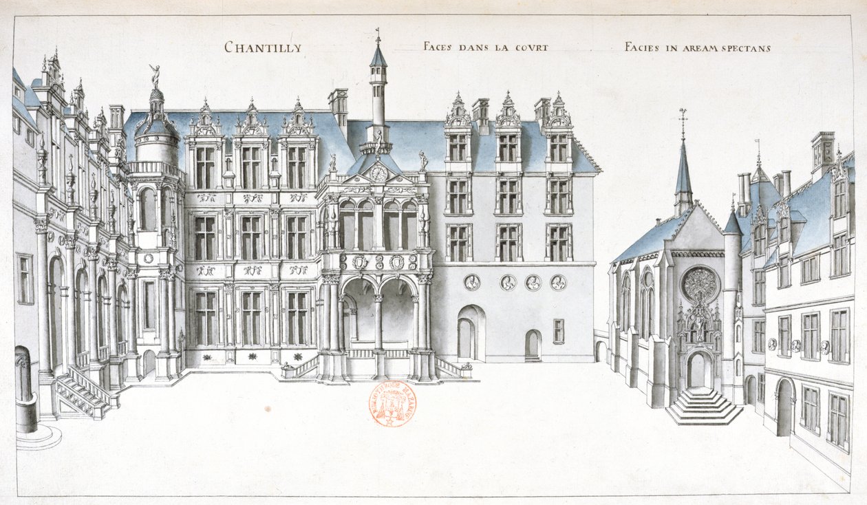 Pohled na nádvoří a kapli v Chantilly (pero, tuš a čb na papíře) od French School