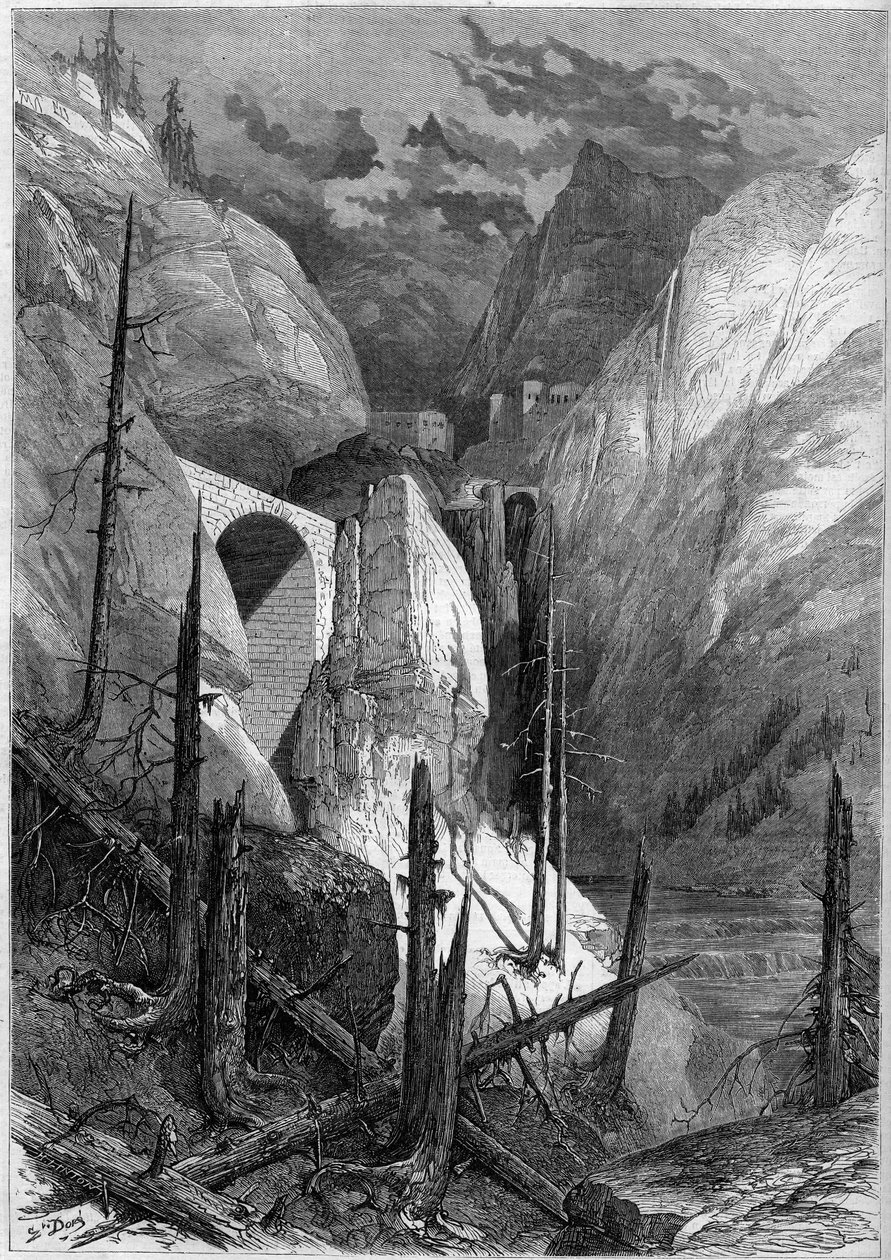 Pohled na soutěsku a pevnost Finstermunz (1471). Tyrolsko, Švýcarsko od French School
