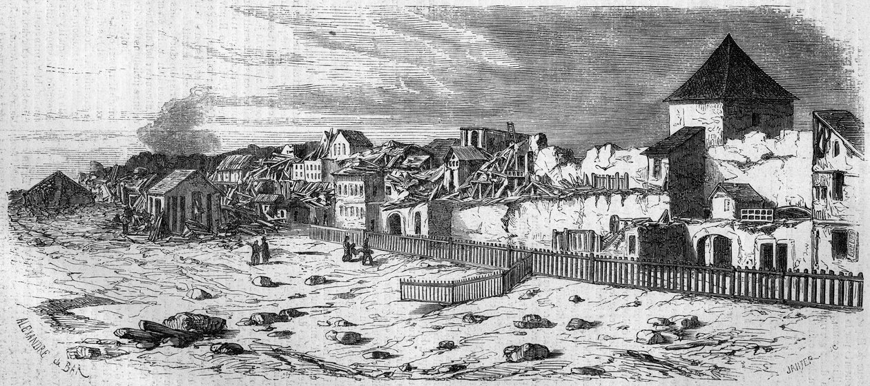 Pohled na okres města Kastrich v Mohuči (Německo), po výbuchu sudu s prachem v roce 1857. Z fotografie. Rytina v „“ Le Monde Illustré““ č. 36 z 19. prosince 1857. od French School