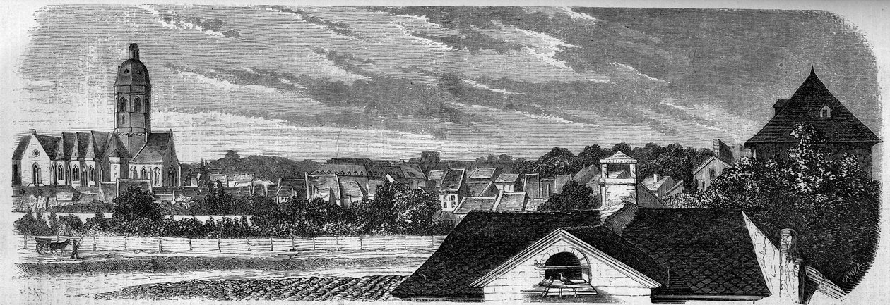 Pohled na okres města Kastrich v Mohuči (Německo), před výbuchem sudu s prachem v roce 1857. Z fotografie. Rytina v „“ Le Monde Illustré““ č. 36 z 19. prosince 1857. od French School