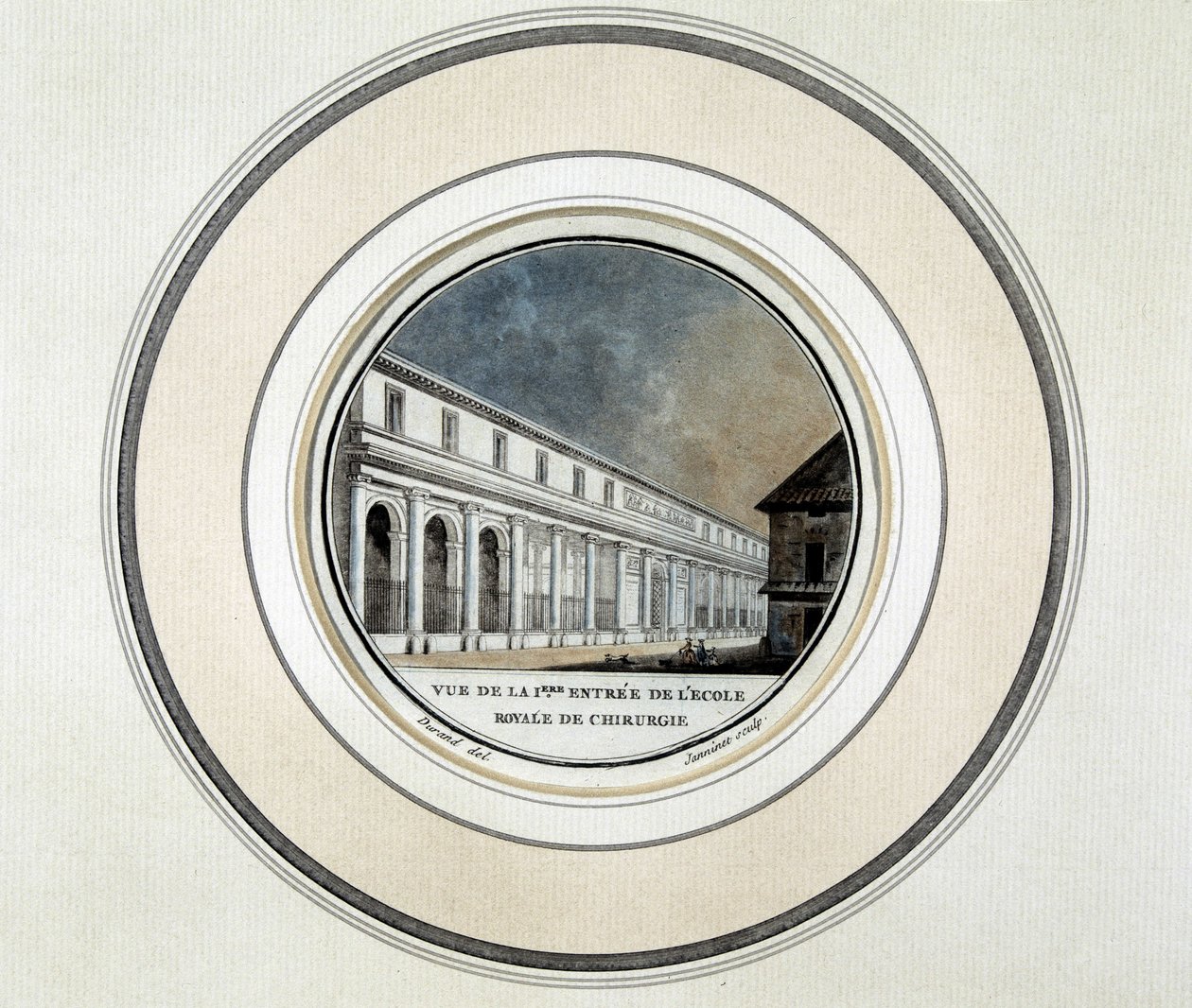 Pohled na vchod Royal School of Surgery - litografie od French School