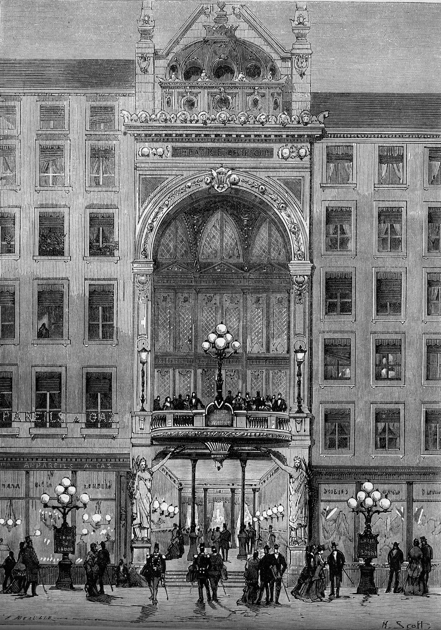 Pohled na průčelí divadla Bellecour v Lyonu, postaveného Julesem Chatronem (1831-1884) v roce 1879. Rytina v „“ Le Monde Illustré““ č. 1176 z 11. října od French School