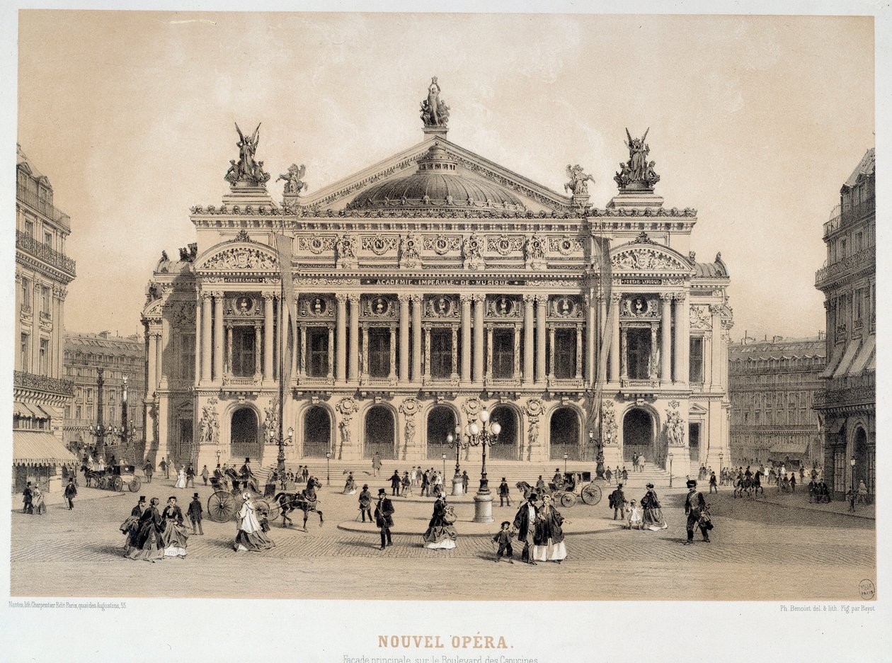 Pohled na fasádu opery Garnier v Paříži s výhledem na Boulevard des Capucines. Z 19. století akvarel Paříž, Musee Carnavalet od French School