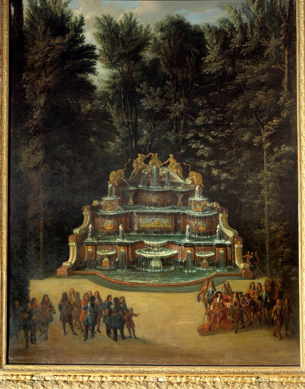 Pohled na fontánu vodního bufetu v zahradách Grand Trianon v roce 1713. V popředí: Ludvík XIV. na Promenade Peinture de Charles Chatelain. 18. století. Ztlumit. 2,96x1,42 m. Versailles, zámky Versailles a Trianon od French School
