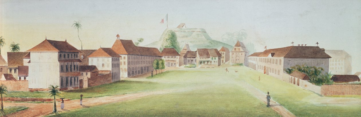 Pohled na pěchotní kasárna v Cayenne, Francouzská Guyana, c. 1840 (wc na papíře) od French School