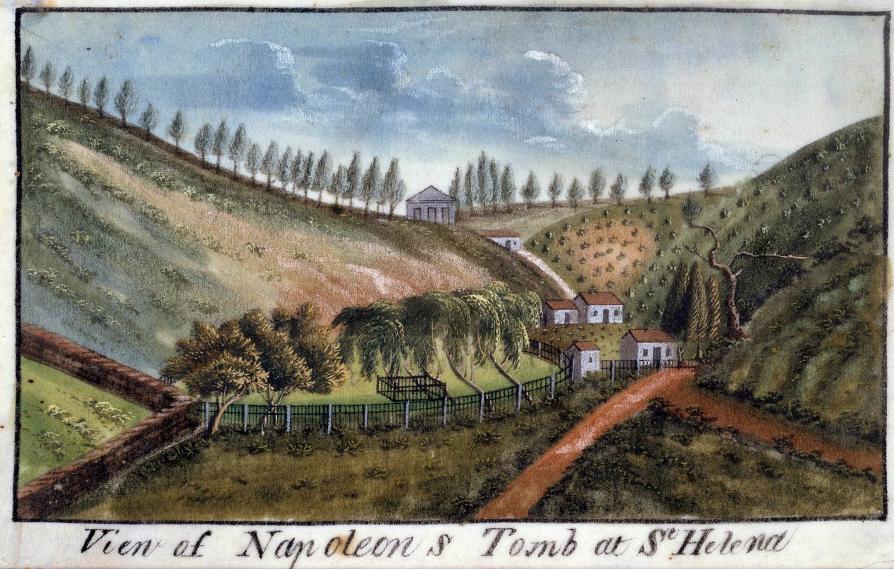 Pohled na ostrov Saint Helene s hrobkou císaře Napoleona I. (1769-1821) Akvarel kolem roku 1821. Ile d