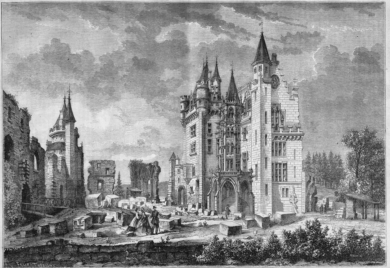 Pohled na restaurátorské práce Chateau de Pierrefonds, pořádané Eugene Viollet le Duc (Viollet-le-Duc), během návštěvy Napoleona III. a Impress Eugenie de Montijo. Oise (60) od French School