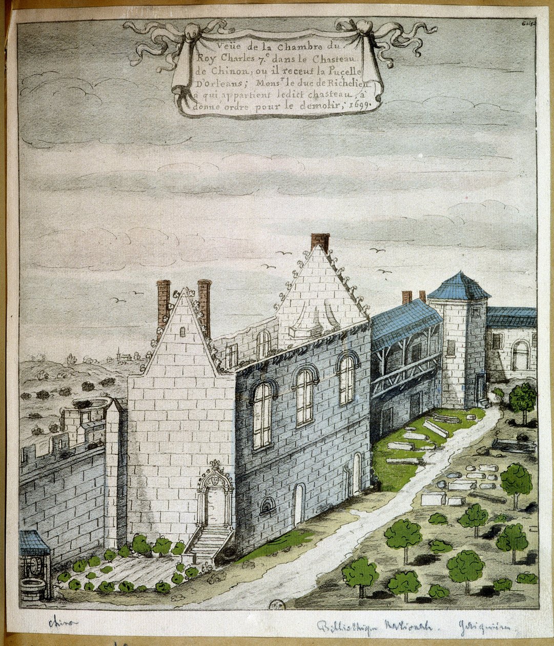 Pohled na komnatu krále Karla VII. na hradě Chinon, kde přijal služebnou Orléans - akvarel od French School
