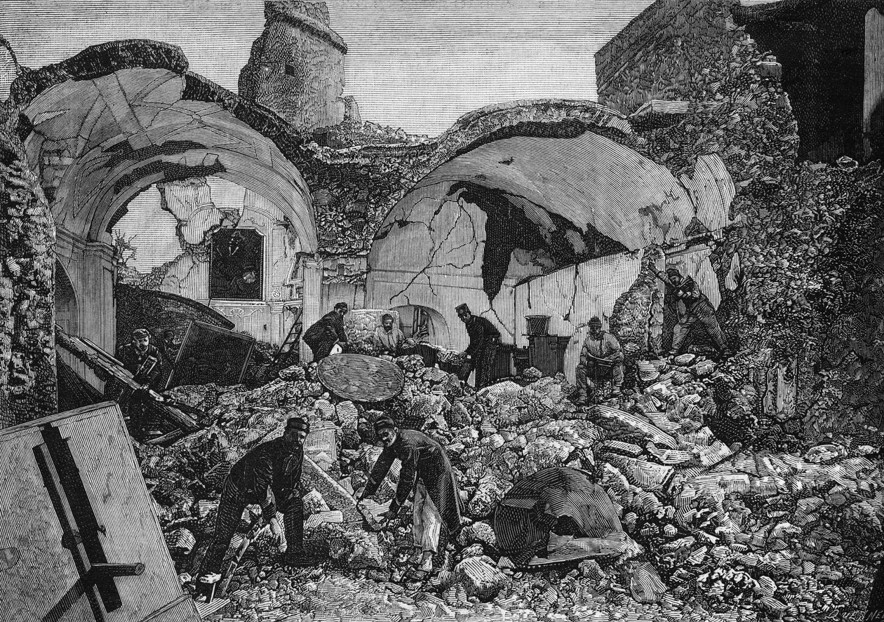 Pohled na ruiny Chiese del Purgatorio, zničené během zemětřesení v roce 1881 na ostrově Ischia (Itálie). Rytina Quesnela v „“The Illustrous World”” č. 1254 z 9. dubna 1881. od French School
