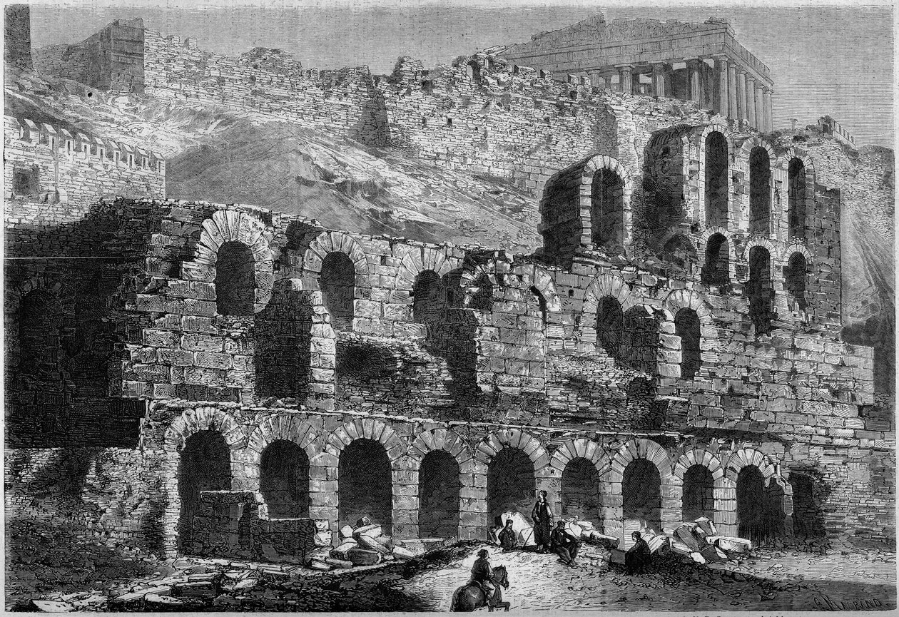 Pohled na ruiny Odeonu Herodes Atticus (postaven v roce 161 nl) v Aténách, Řecko od French School