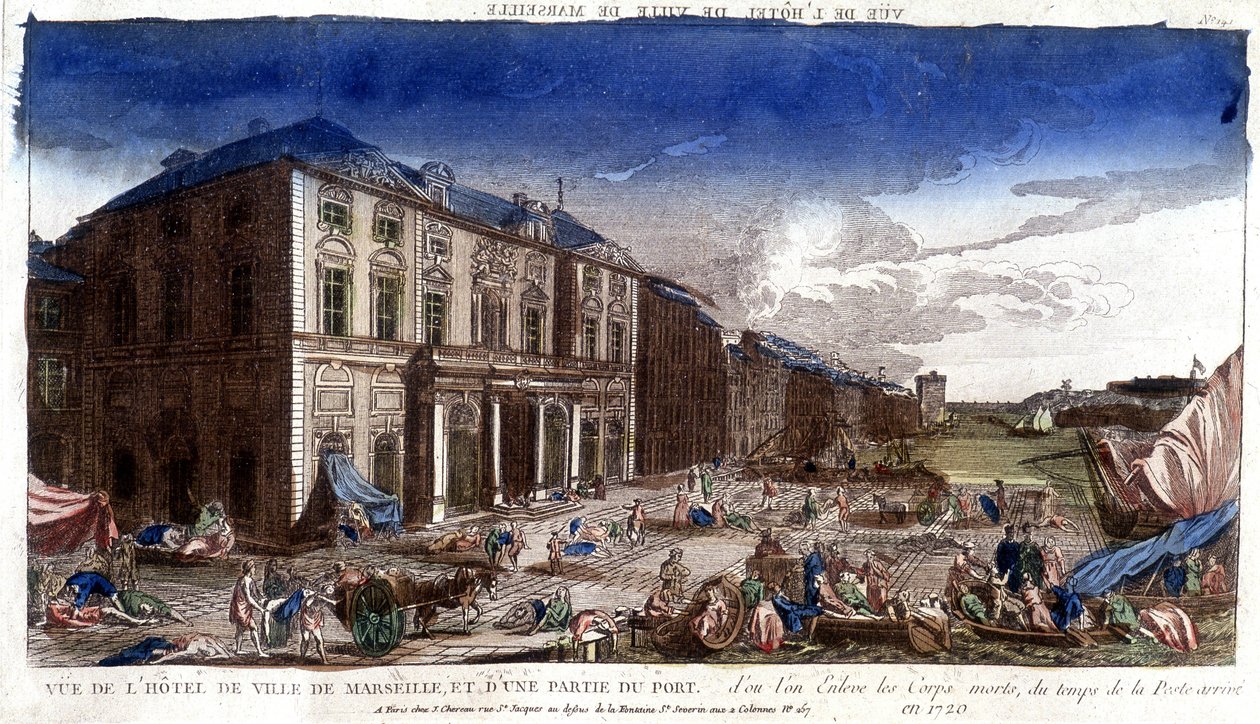 Pohled na radnici Marseille a část přístavu, odkud v roce 1720 připlula mrtvá těla z doby moru - rytina od French School
