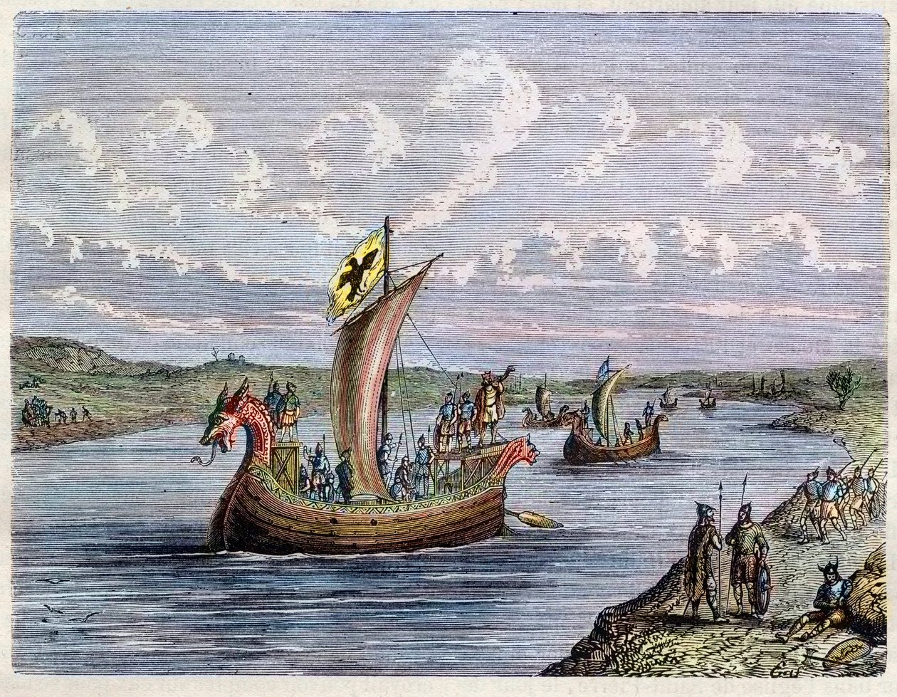 Vikingská loď – Drakkar – Normanské lodě po řece – rytina „L